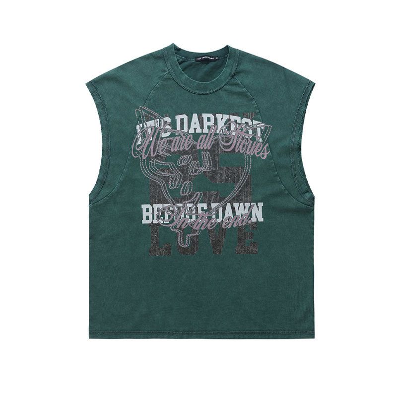 American Hip-Hop High Street Printed Raglan Sleeveless T-Shirt, Trendy Unisex Washed Vintage Tank Top_viptrois.com