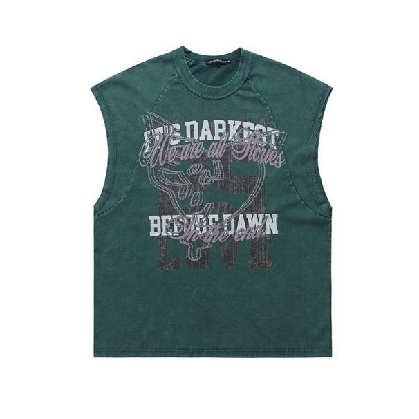 American Hip-Hop High Street Printed Raglan Sleeveless T-Shirt, Trendy Unisex Washed Vintage Tank Top_viptrois.com
