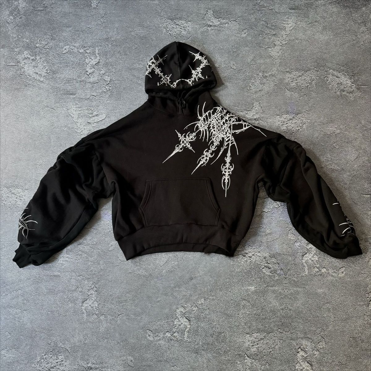 Retro Y2K Streetwear Hoodie - Dark Aesthetic Geometric Print Pullover Sweatshirt, Oversized Fit, Unisex Hooded Sweater For Men & Women_viptrois.com