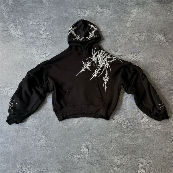 Retro Y2K Streetwear Hoodie - Dark Aesthetic Geometric Print Pullover Sweatshirt, Oversized Fit, Unisex Hooded Sweater For Men & Women_viptrois.com