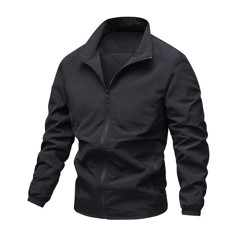 Men's Lightweight Hooded Jacket With Stand Collar - Slim Fit Casual Sports Coat For Fall & Spring (Black, Dark Gray, Navy, Khaki, Army Green)_viptrois.com