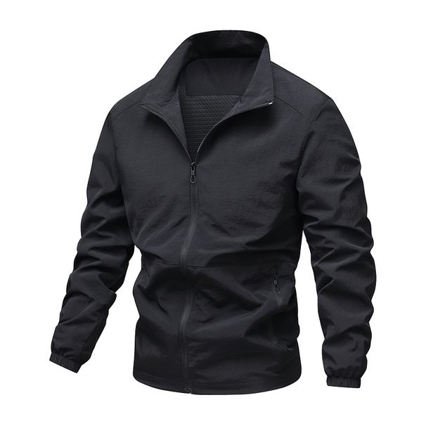 Men's Lightweight Hooded Jacket With Stand Collar - Slim Fit Casual Sports Coat For Fall & Spring (Black, Dark Gray, Navy, Khaki, Army Green)_viptrois.com