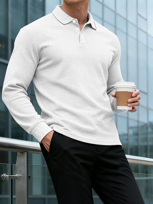 Men's Long-Sleeve Waffle Knit Polo Shirt – Collared Business Casual Top For Winter & Fall_viptrois.com