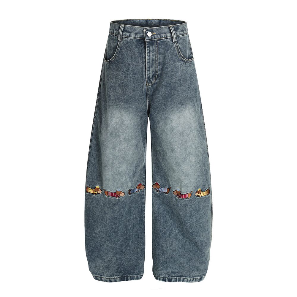 American High Street Washed White Blade Jeans Men's Vibe Trendy Fun Embroidered Dachshund Puppy Wide Leg Pants_viptrois.com