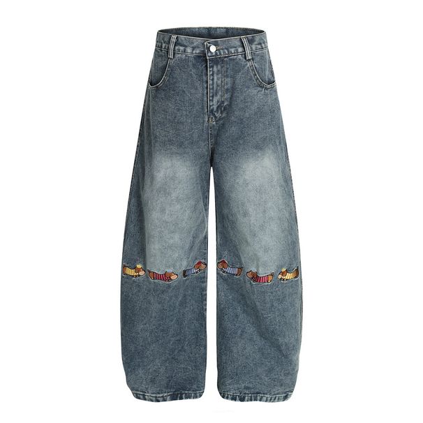 American High Street Washed White Blade Jeans Men's Vibe Trendy Fun Embroidered Dachshund Puppy Wide Leg Pants_viptrois.com