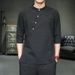 2024 New Chinese Style Summer Cotton Hemp 3/4 Sleeve with Oblique Front and Solid Standing Collar Casual Shirt_viptrois.com