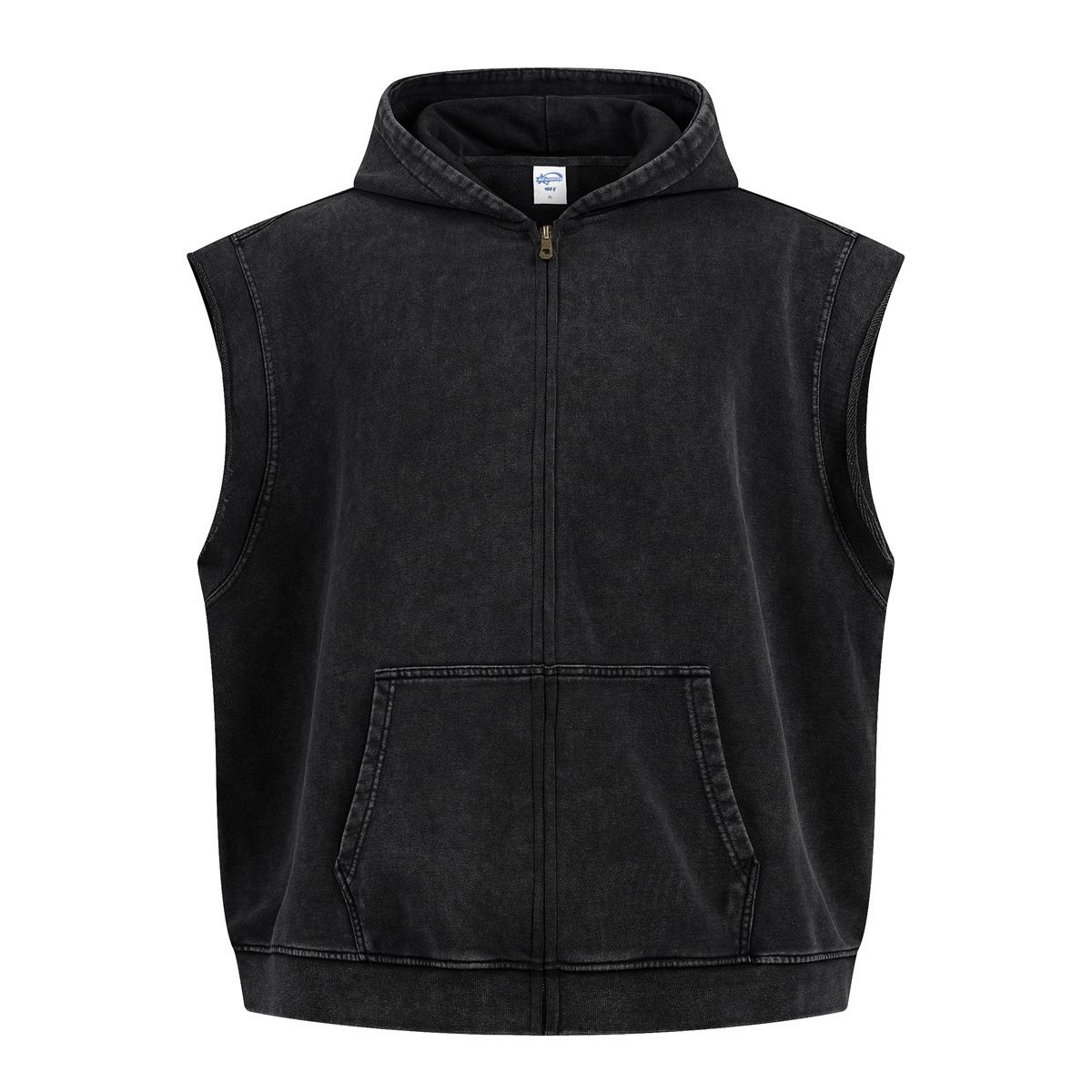 Men's Clothing 400g Heavyweight Distressed Hooded Vest – Raw-Hem Zip-Up Streetwear Sleeveless Top With Side Pockets (Ruins Black/Ruins Grey)_viptrois.com