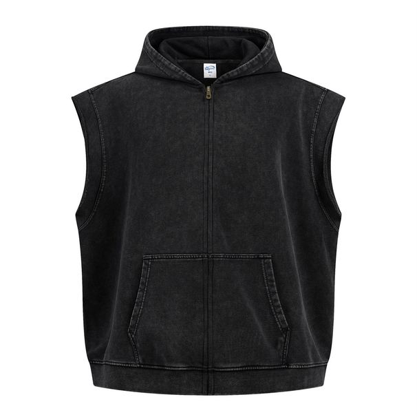 Men's Clothing 400g Heavyweight Distressed Hooded Vest – Raw-Hem Zip-Up Streetwear Sleeveless Top With Side Pockets (Ruins Black/Ruins Grey)_viptrois.com