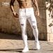 Fashion White Elastic Thin Pants Man Ripped Jeans Men's Streetwear Vintage Washing Solid Denim Pants Men's Casual Slim Fit Pants_viptrois.com