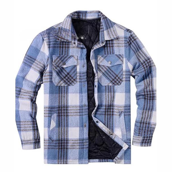 Men's Oversized Flannel Shirt Jacket – Winter Cotton-Filled Plaid Coat With Button Front & Chest Pockets (Black/Blue/Green Check)_viptrois.com