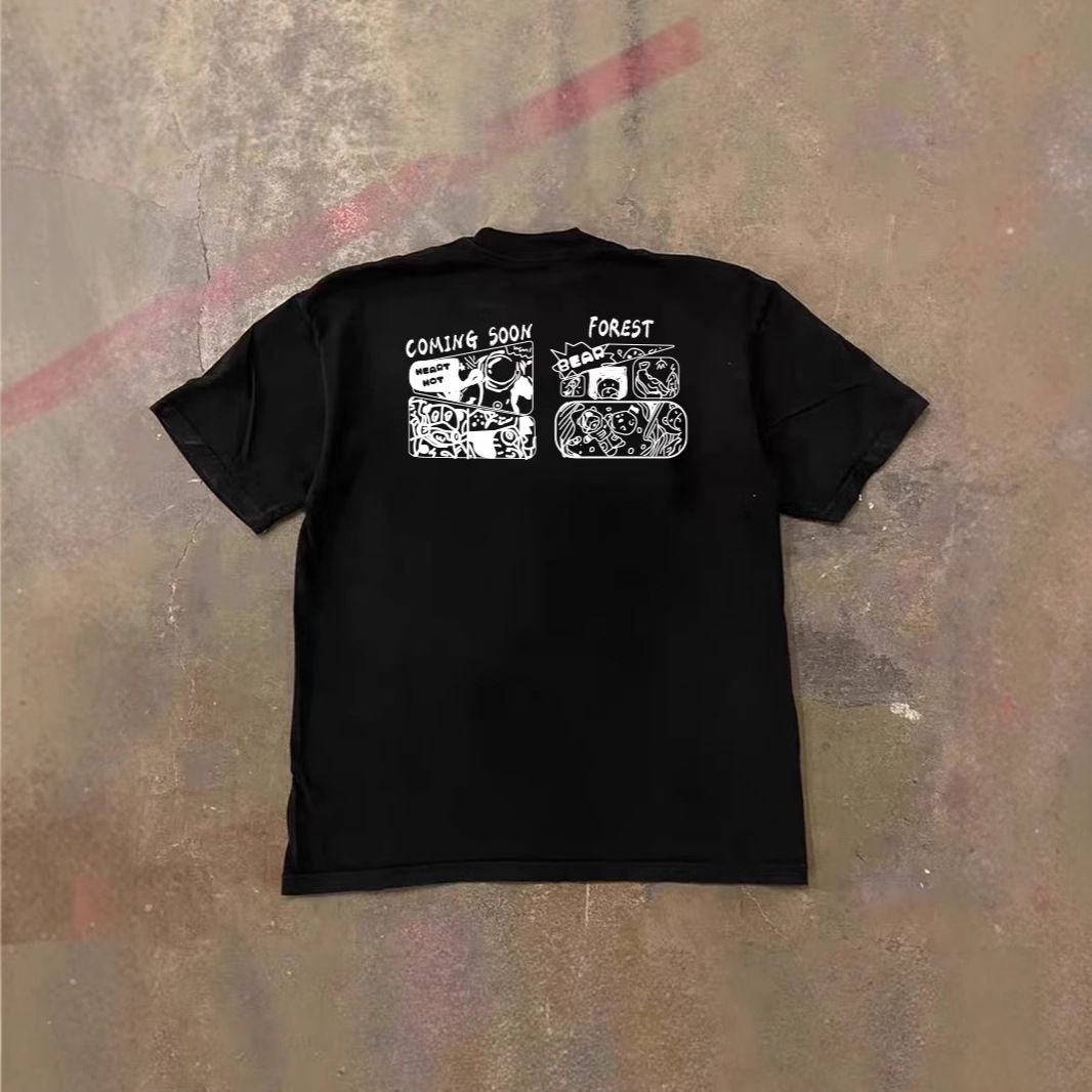 Oversized Couple T-Shirt Heavyweight Pure Cotton Short Sleeved Cartoon Print for Men And Women_viptrois.com