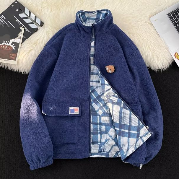 Men's Reversible Sherpa Jacket – Hong Kong Streetwear Style, Plaid & Solid Color Two-Way Wear, Stand Collar Zip-Up Coat_viptrois.com