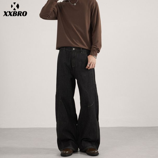 Men's Clothing Retro Split Wide Leg Jeans A-Line Denim Straight Leg Pants American Style Floor Length Vintage Washed Denim Pants For Cleanfit Style_viptrois.com