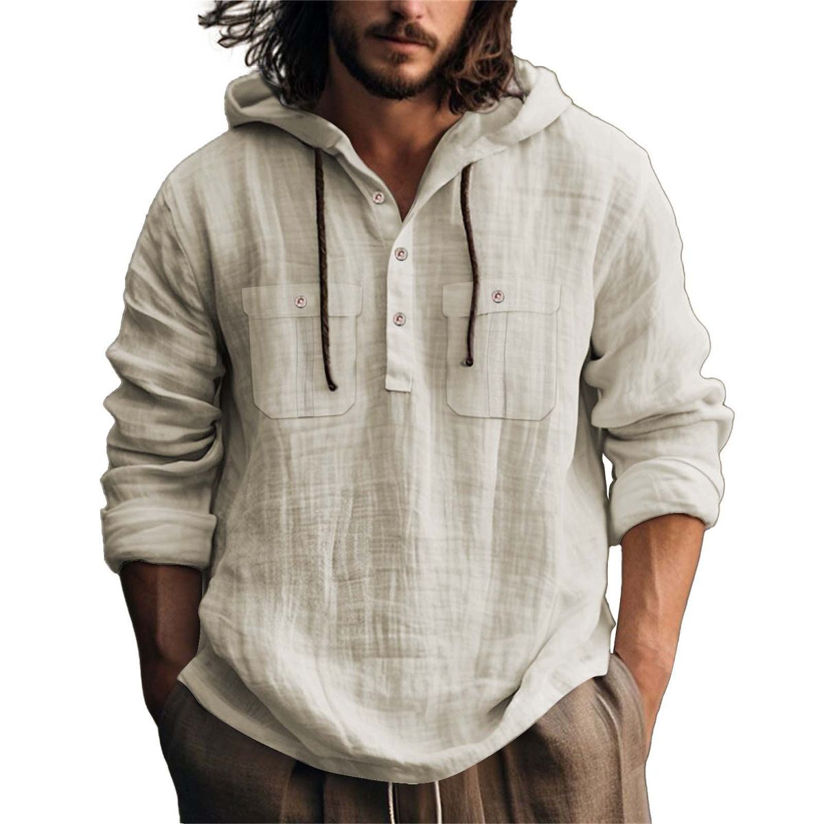 Men's Casual Hooded Shirt – Loose Fit Long Sleeve Cotton-Linen Blend For Everyday Comfort_viptrois.com