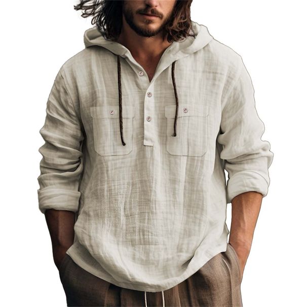 Men's Casual Hooded Shirt – Loose Fit Long Sleeve Cotton-Linen Blend For Everyday Comfort_viptrois.com