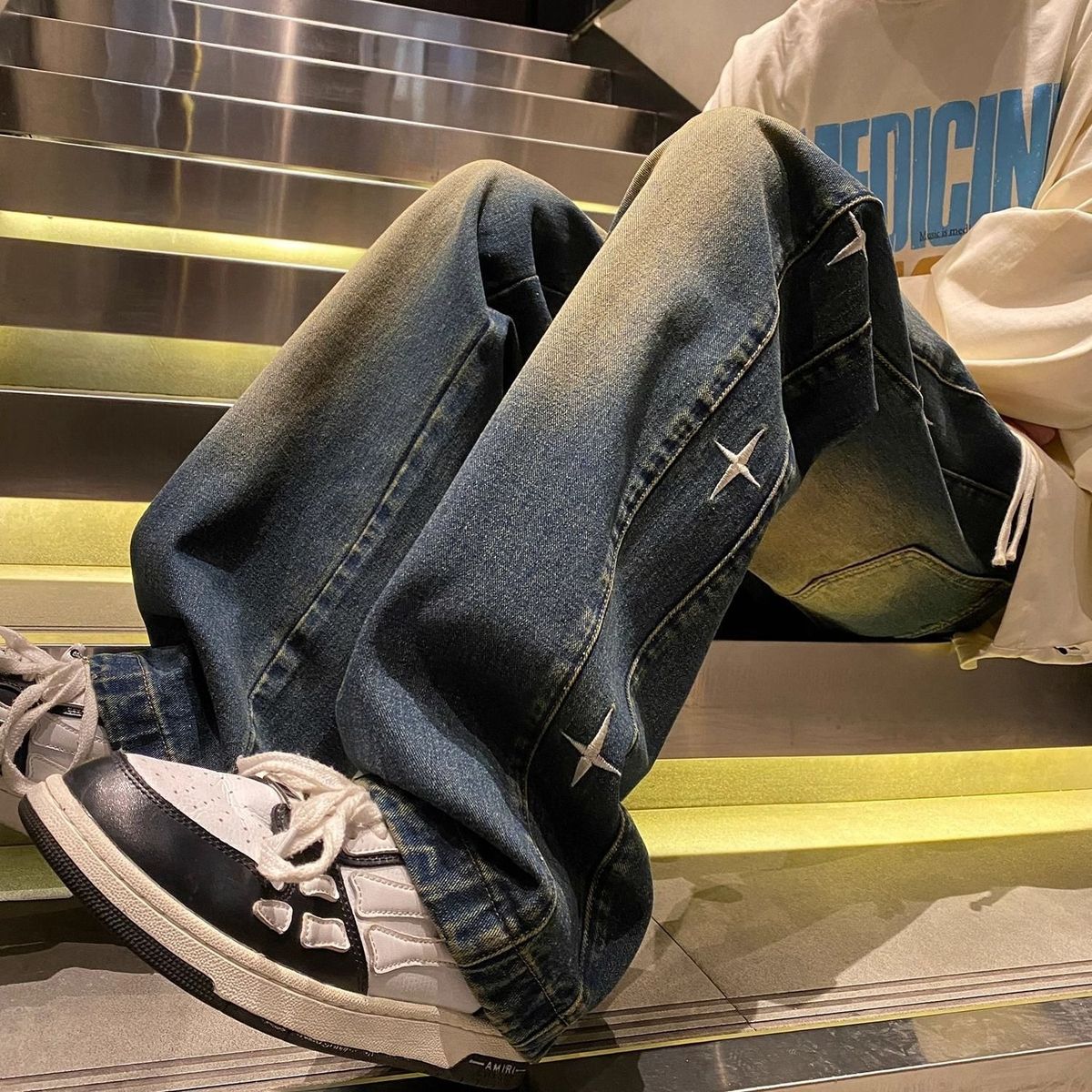 Washed Embroidered Jeans Men's 2025 New Spring And Autumn Season American High Street Retro Old High Street Wide-leg Trousers_viptrois.com