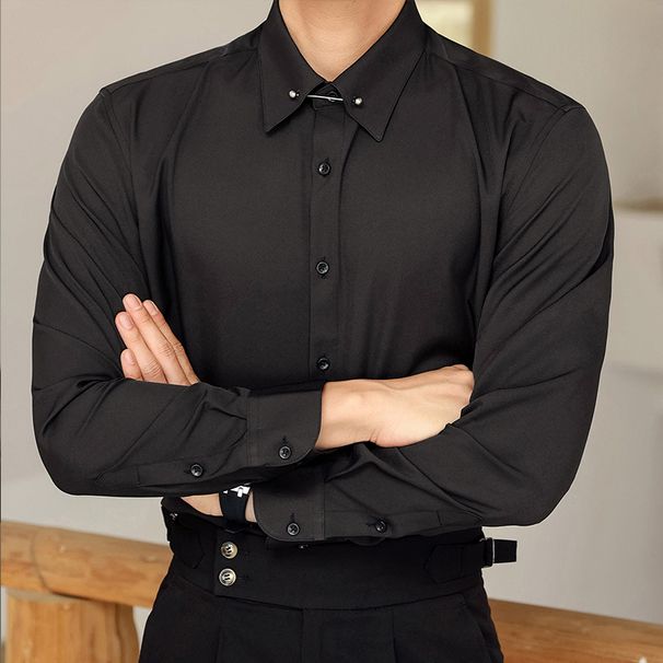 Men's Clothing Windsor Collar White Pinhole Collar Collar Pin Solid Color Shirt Shirt Business Wedding Party Wedding Emcee Nightclub_viptrois.com