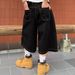 Men's Vintage Washed Cargo Jeans, Loose Fit Wide Leg 7/10 Length Casual Trousers In White & Black Relaxed Wide Leg Cut_viptrois.com