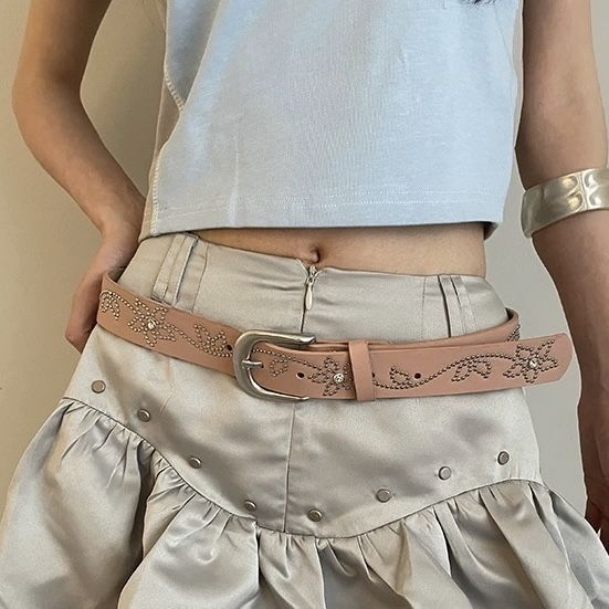 Y2k rivet inlaid flower versatile Korean jeans with belt, personalized high-end feeling, slim waist and slimming effect_viptrois.com