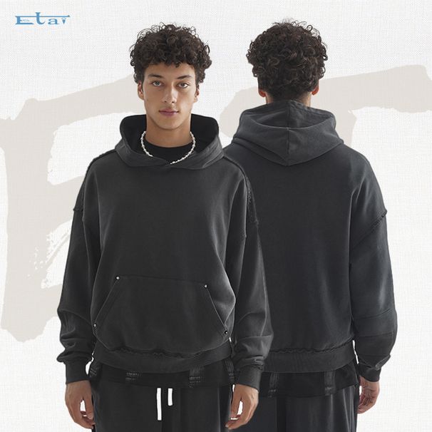 Men's Clothing Distressed Hoodie Vintage Washed Oversized Hoodie With Distressed Details & Spray Monkey Wash – Streetwear Essential For Men & Women_viptrois.com