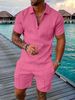 Men's Textured Knit Short Sleeve Shirt With Collar And Drawstring Shorts Set - Solid Color Casual Two Piece Outfit_viptrois.com