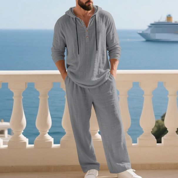 New Autumn Linen Men's Casual Suit - Loose-fitting Hooded Henry Shirt With Long Sleeves And Long Pants Set_viptrois.com