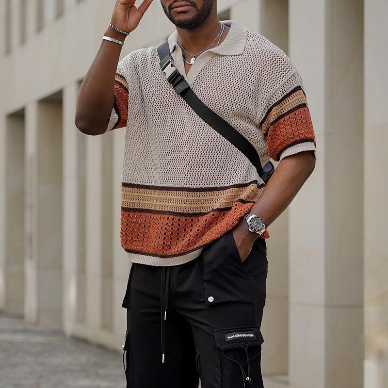 Men's Clothing 2025 Spring And Summer New Style Pullover Breathable Wool Short Sleeved T Shirt Lapel Knitted Sweater Top Men's Sweater_viptrois.com