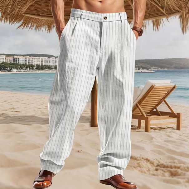 2025 Cross-Border European And American New Sports Casual Linen Striped Loose Fit Versatile Thin Men's Pants_viptrois.com