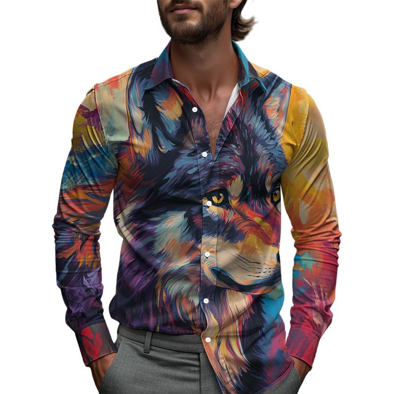Starlit Sky Mens Casual Shirt Spring Single Breasted Lapel Design Loose Fit Comfortable Business Shirt Wolf Oil Painting 2025_viptrois.com