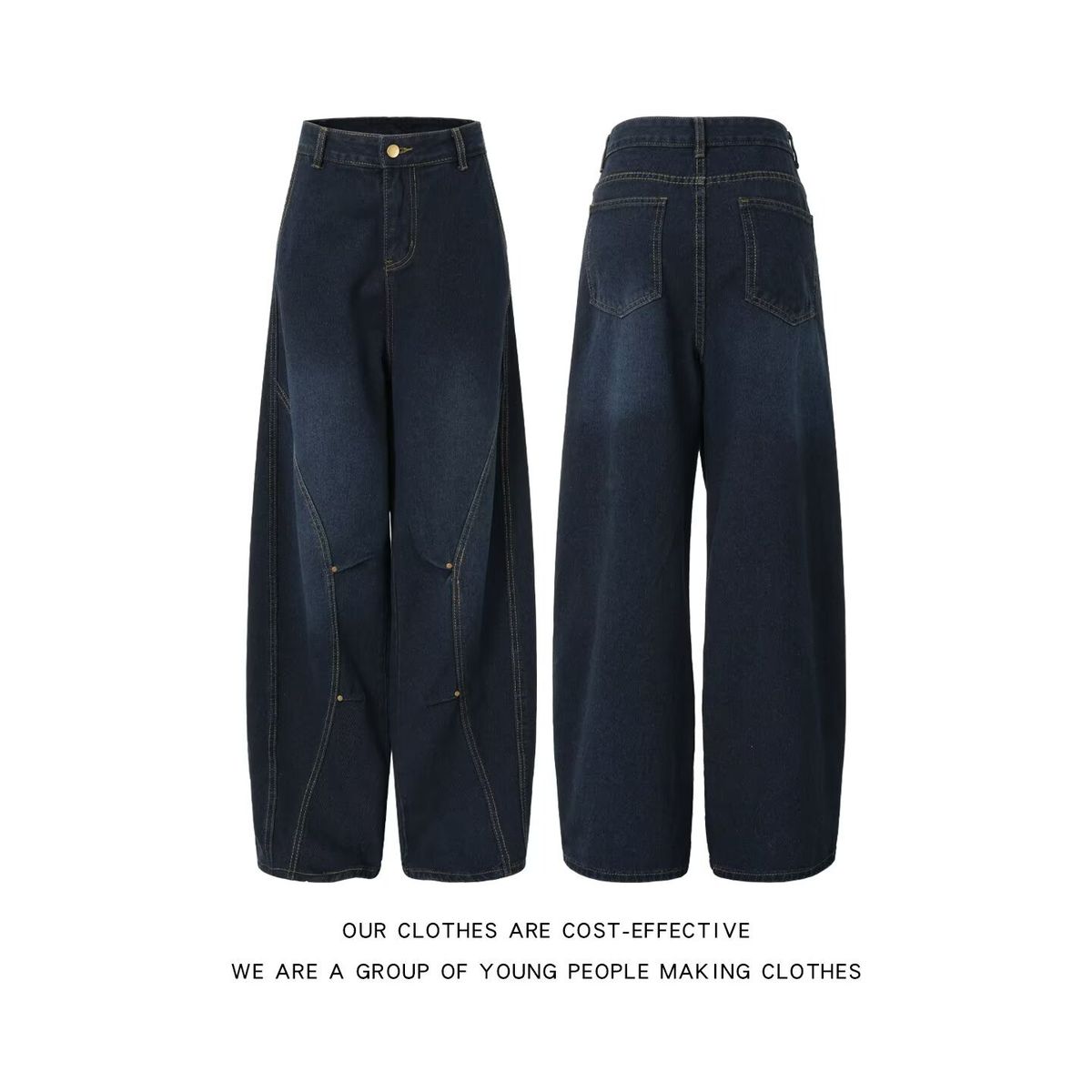 Men's Style Washed Embroidered Whiskered Jeans New Style Dancing Striped Patchwork Wide Leg Straight Trousers_viptrois.com