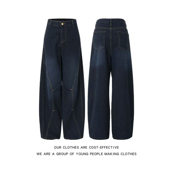 Men's Style Washed Embroidered Whiskered Jeans New Style Dancing Striped Patchwork Wide Leg Straight Trousers_viptrois.com