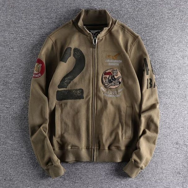 Vintage Stand Up Collar Jacket, Embroidered Micro Chapter Casual Hoodie, Men's Workwear Outerwear_viptrois.com