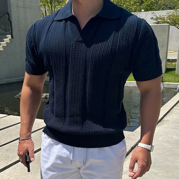 2025 Spring Summ Casual Men's Mesh Shirts Slim Fit Knitted Short Sleeve Polo Tops Men Vintage Lapel Solid Color_viptrois.com