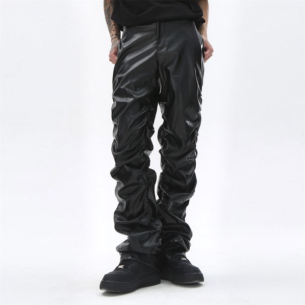 Men's Clothing Dark punk niche design glossy pleated PU leather pants for men national fashion hip hop loose casual trousers_viptrois.com