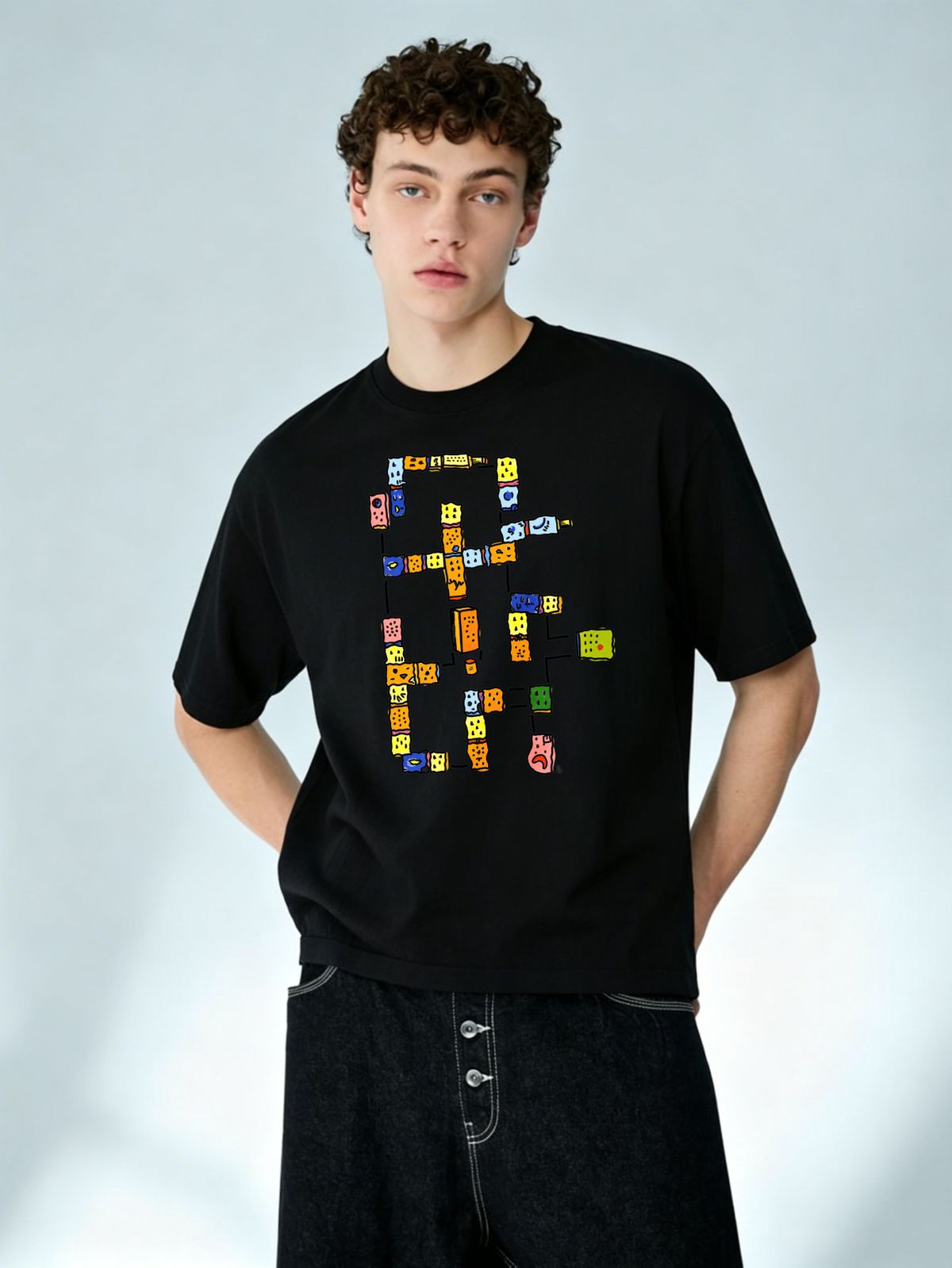 Abstract Colorful Maze Cartoon Graphic Cotton T-Shirt Men's Casual Streetwear Tee_viptrois.com