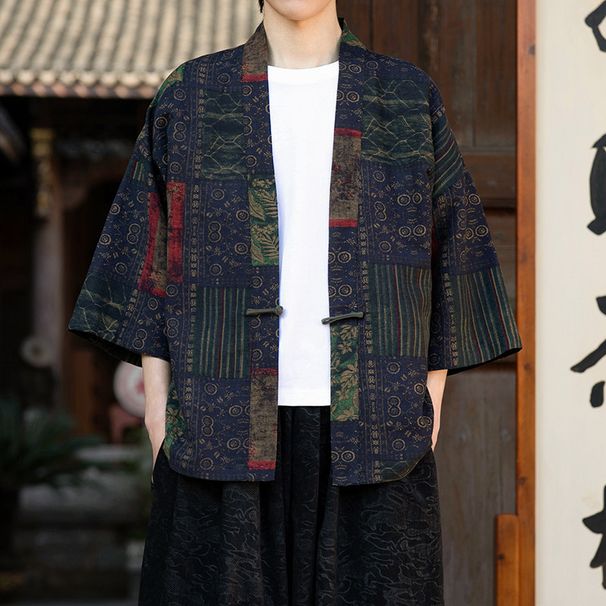 Chinese Retro Printed Men's Cardigan, Loose Frog Button Summer Jacket, Ethnic Casual Short-Sleeve Coat_viptrois.com