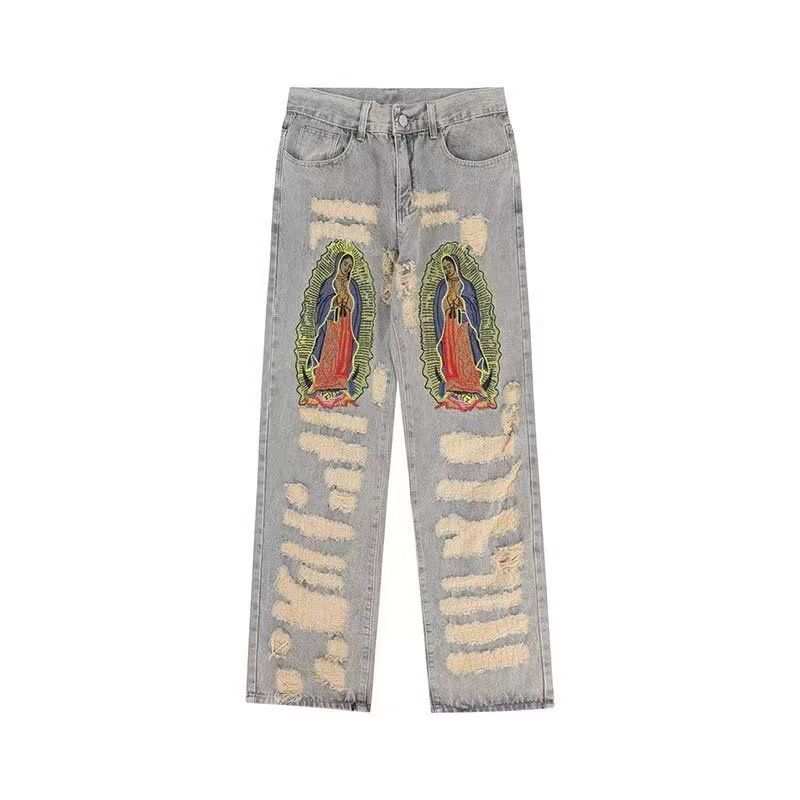 Men's Clothing high street punk loose wide-leg pants hip-hop trend embroidered hole jeans long pants niche design_viptrois.com