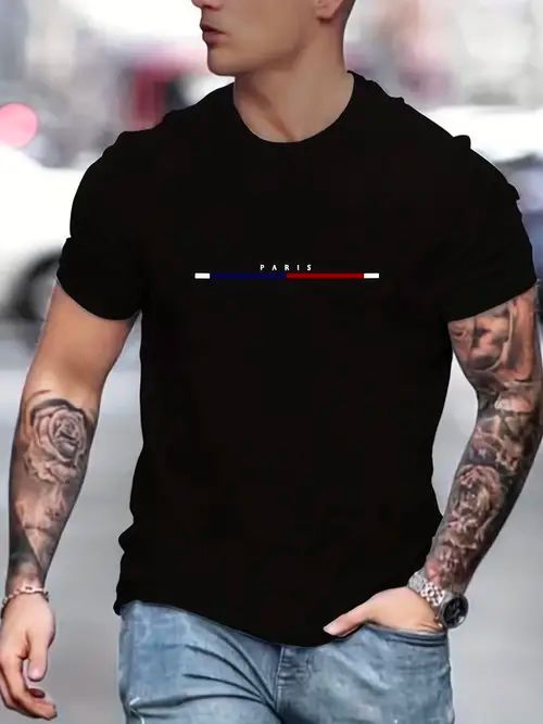 "PARIS" Letter Pattern Print Men's Comfy Slightly Stretch T-shirt, Graphic Tee Men's Summer Clothes, Men's Outfits_viptrois.com