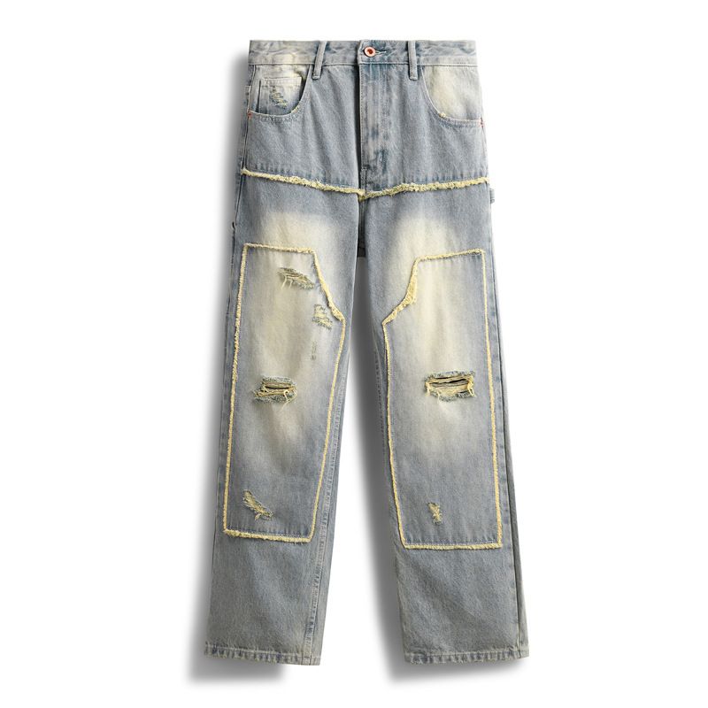 Men's Clothing High Street Washed Loose Straight Raw Edge Stitching Pants_viptrois.com