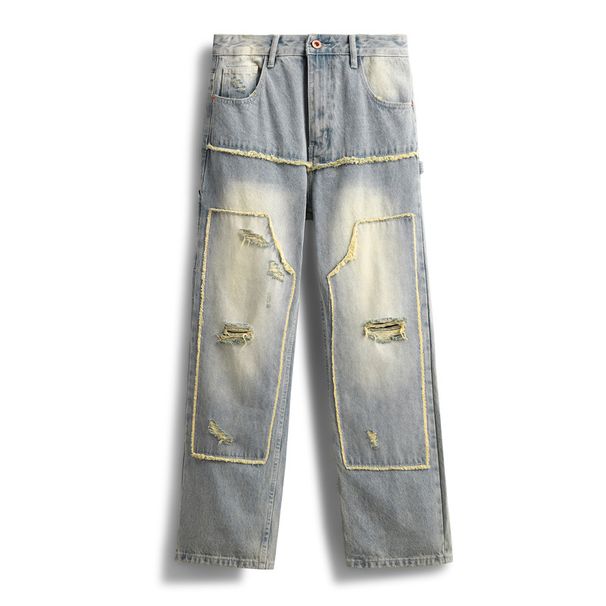 Men's Clothing High Street Washed Loose Straight Raw Edge Stitching Pants_viptrois.com