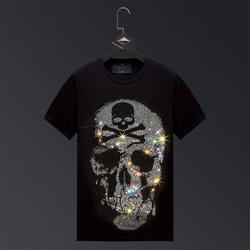 Men's Clothing Hot Diamond T Shirt Men's Short Sleeved Skull Trend T Shirt Spirit Guy Large Size Casual Men's Half Sleeved Mercerized Cotton_viptrois.com