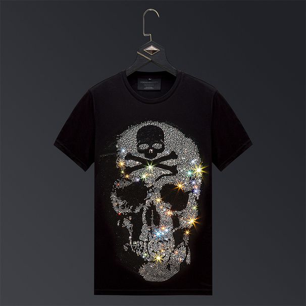 Men's Clothing Hot Diamond T Shirt Men's Short Sleeved Skull Trend T Shirt Spirit Guy Large Size Casual Men's Half Sleeved Mercerized Cotton_viptrois.com