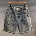Men's Heavyweight Utility Denim Shorts, Lightweight Baggy Cargo Knee-Length Shorts With Multiple Pockets, American Streetwear Style Casual Shorts_viptrois.com