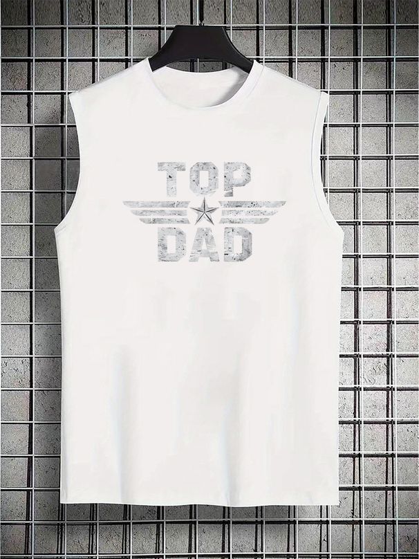 100% Pure Cotton Men's Summer Casual Sports Fitness Loose TOP DAD Letter Pattern Printed Breathable Round Neck Sleeveless Vest_viptrois.com