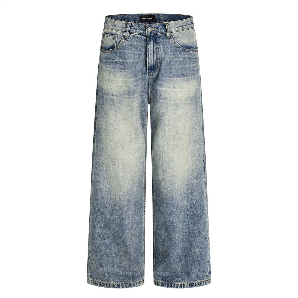 American Style Washed Vintage Denim Straight-Leg Pants Men's Trendy Frayed Loose Casual Trousers_viptrois.com