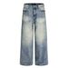 American Style Washed Vintage Denim Straight-Leg Pants Men's Trendy Frayed Loose Casual Trousers_viptrois.com