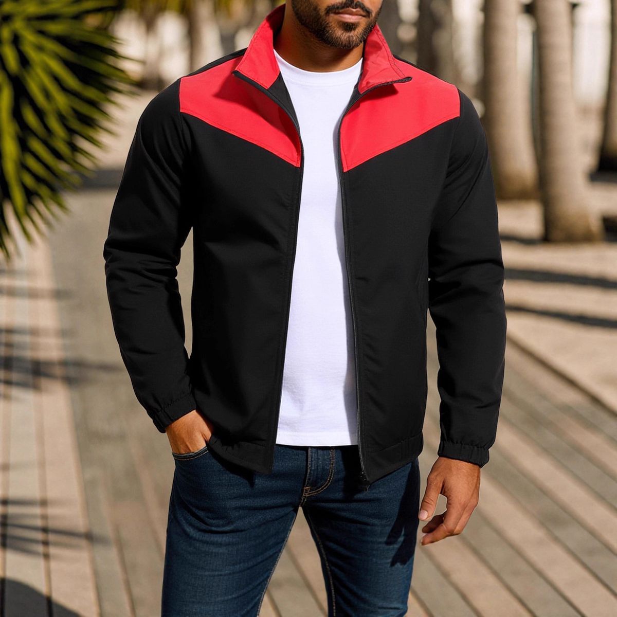 Men's Clothing Men's Windproof Color-Block Jacket - Stand Collar Zip-Up Coat (3 Colors, S-XXXL) Hot-selling_viptrois.com