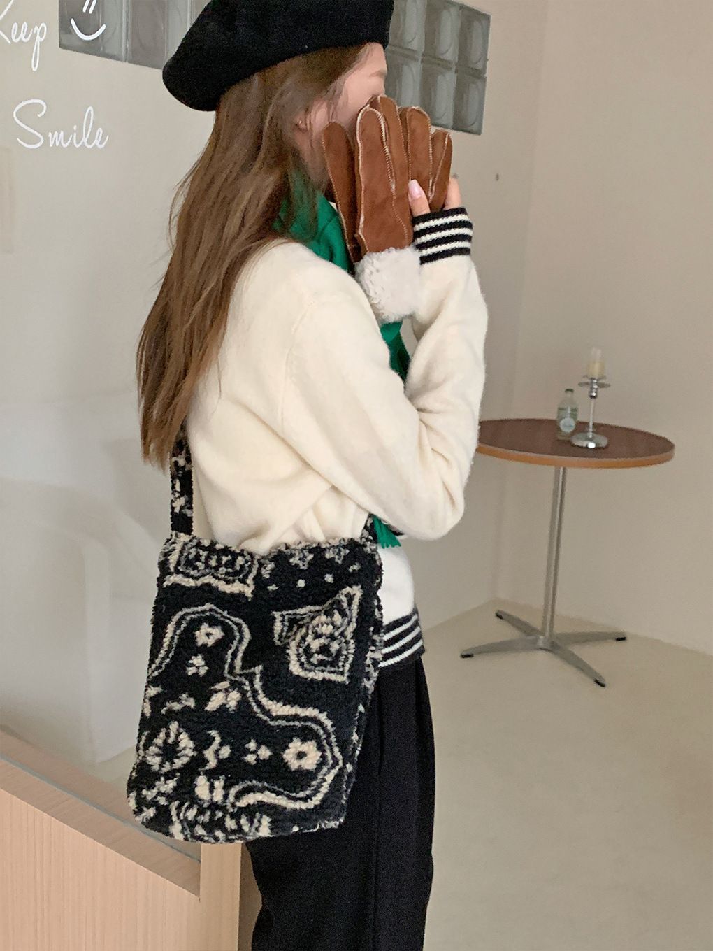 Women's Bucket Bag Vintage Bucket Bag Shoulder Bag Leopard Print Polka Dot Plush Crossbody Bag Fabric Bag_viptrois.com
