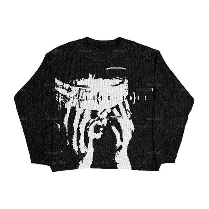 Unisex Dark Academia Sweater - Oversized Corduroy Knit With Anime Print, Long Sleeve Crewneck, Polyester Blend (Black/Blue/Purple/White/Green)_viptrois.com