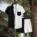 Men's Summer Casual Outfit Short Sleeve Lapel Shirt And Shorts Set Solid Color with Color Block Pocket_viptrois.com